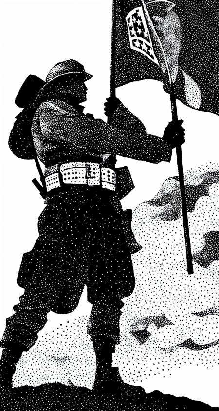 00191-1808038834-soldier holds big flagpole with flag, black & white pointillism art style, full height, full body shot,.png